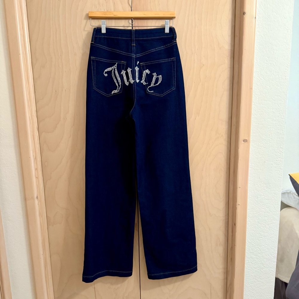NWT Juicy Couture Embellished Lunita Dark Blue Wide-Leg Denim Jeans